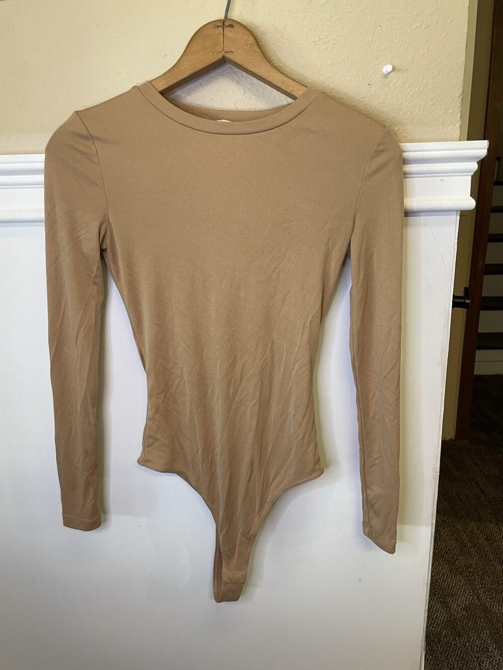 Elodie Beige Long Sleeve Thong Bodysuit Size XS Crew Neck